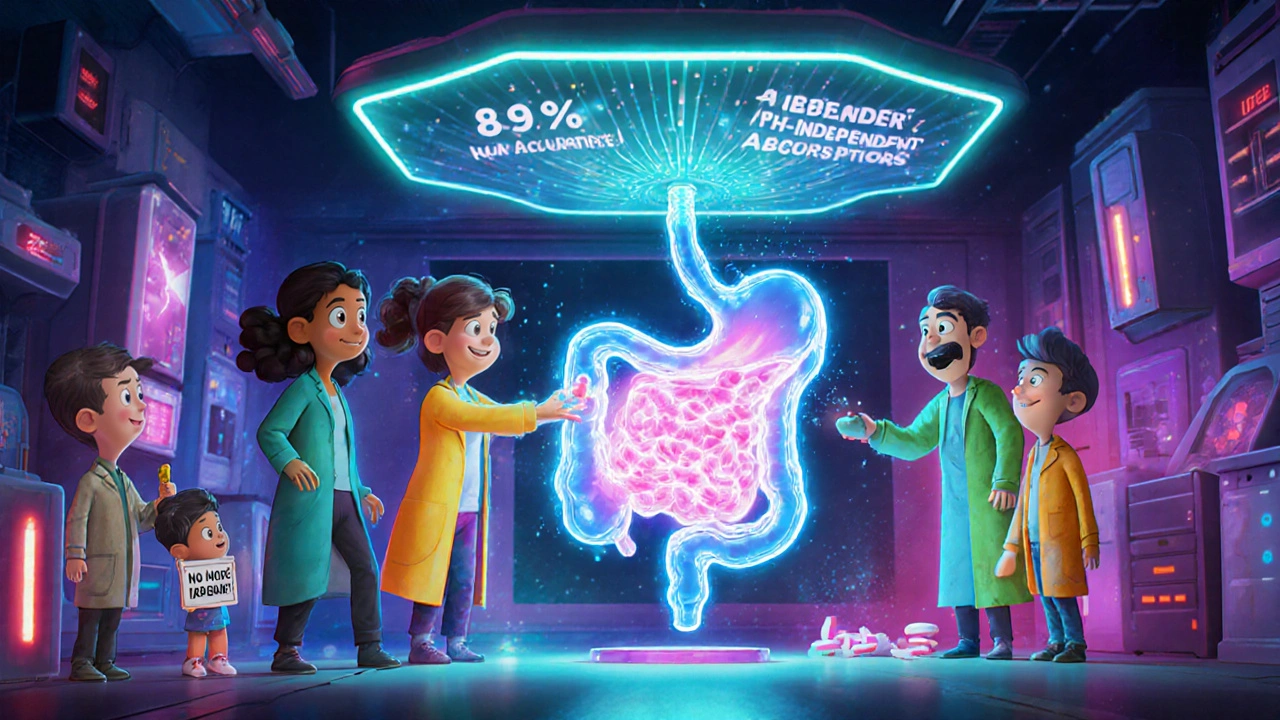 Vitenskapsmenn i en fremtidig lab sender nanopartikler gjennom en magemodell, med en holografisk AI som viser pH-uavhengig opptak.