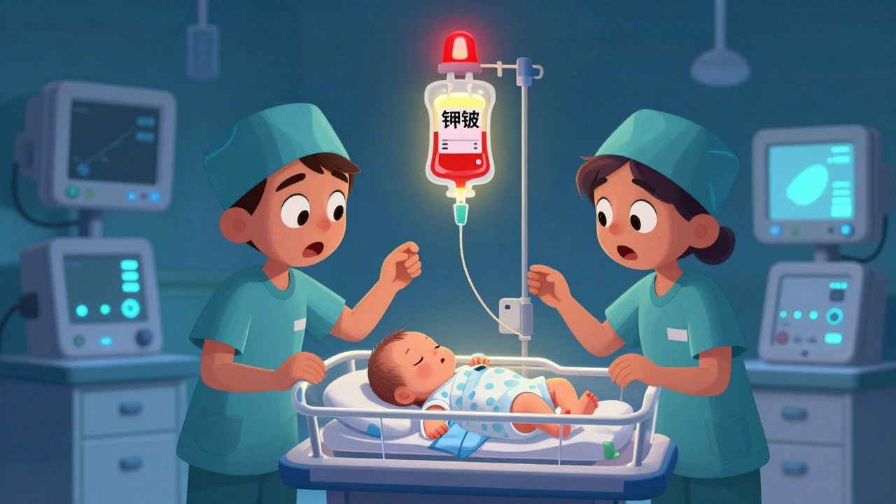 Alarmerende rød advarsel over koncentrert kaliumklorid-infusjon ved et nyfødtbarn.