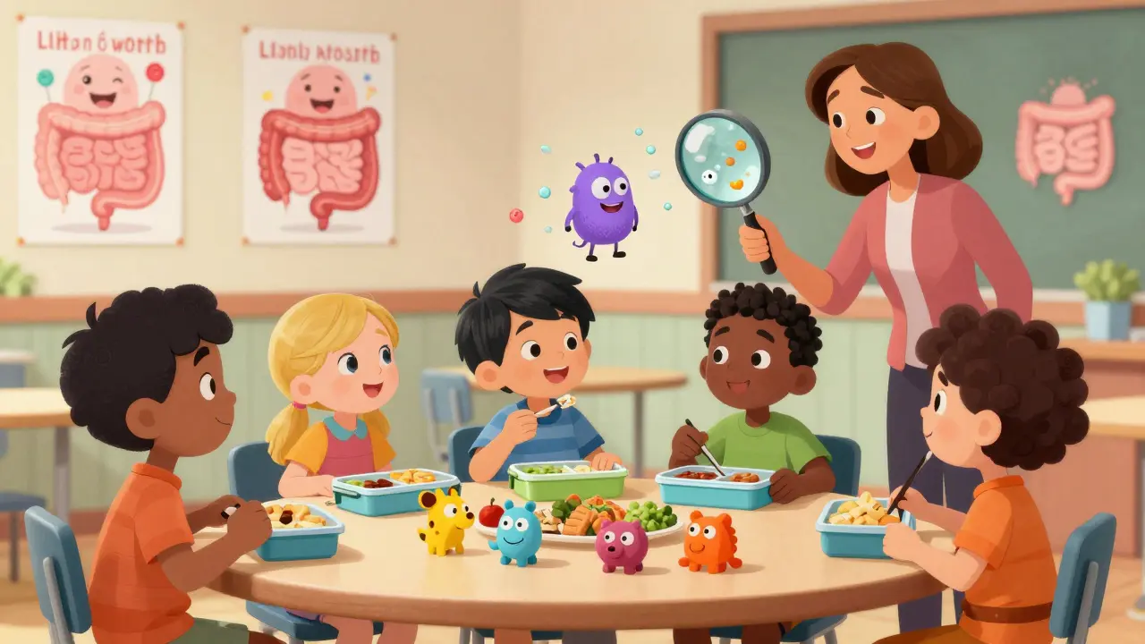 Barn spiser glutenfri mat på skolen, mens læreren viser skjulte gluten-molekyler som små monster.