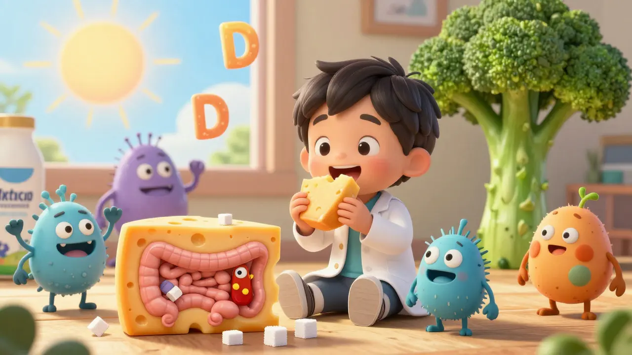 Barn spiser ost mens små bakterier og enzym-helter bryter ned laktose i en tegneserie-tarm.