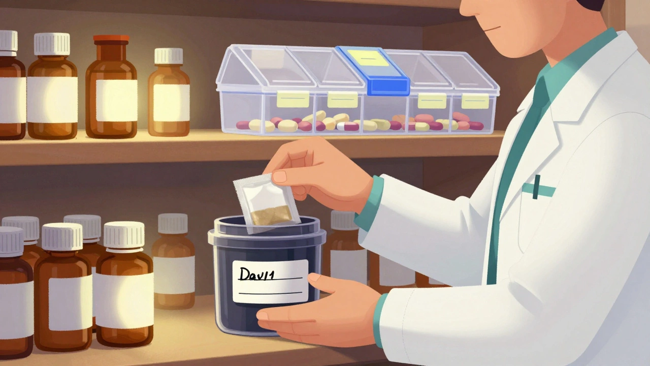 En apotekar legger til tørkepapir i en mørk, lufttetthet beholder mens en ustabilt pillboks ligger i bakgrunnen.