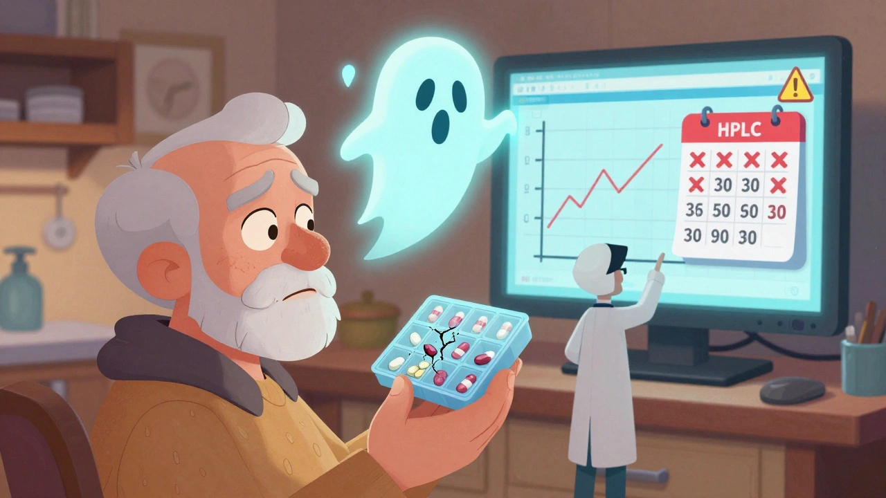 En eldre pasient holder en utløpt pillboks mens en advarsel og en HPLC-diagram skjerm vises i bakgrunnen.