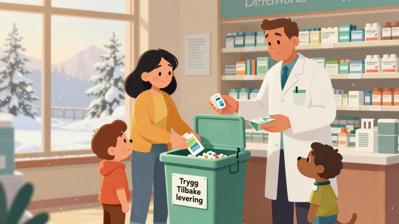 En familie leverer utløpte medisiner tilbake i apoteket og mottar en billigere generisk versjon.