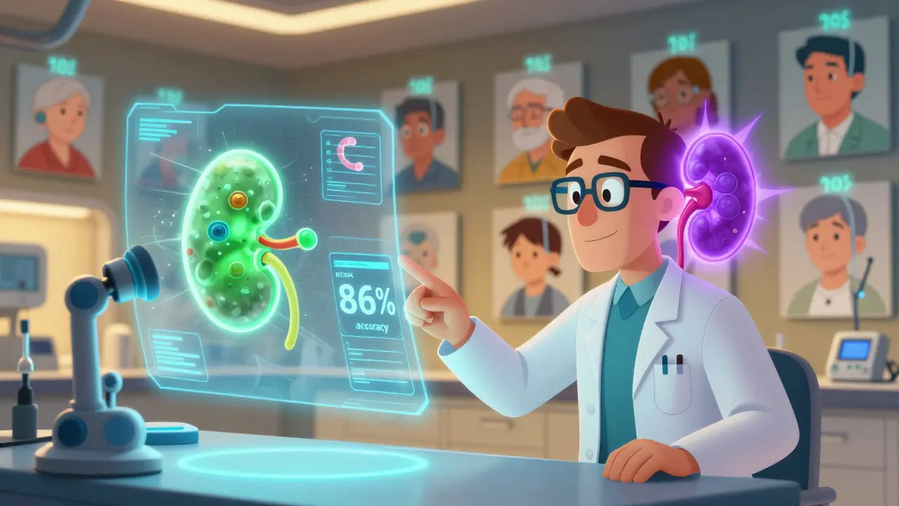 En fremtidig medisinsk laboratorie med hologrammer som viser vancomycin som påvirker nyre og øre, med AI-risikovurdering.