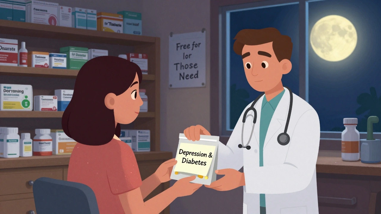 En frivillig legemann gir en pasient antidepressiva i en stille, varm klinikkomgivelse.