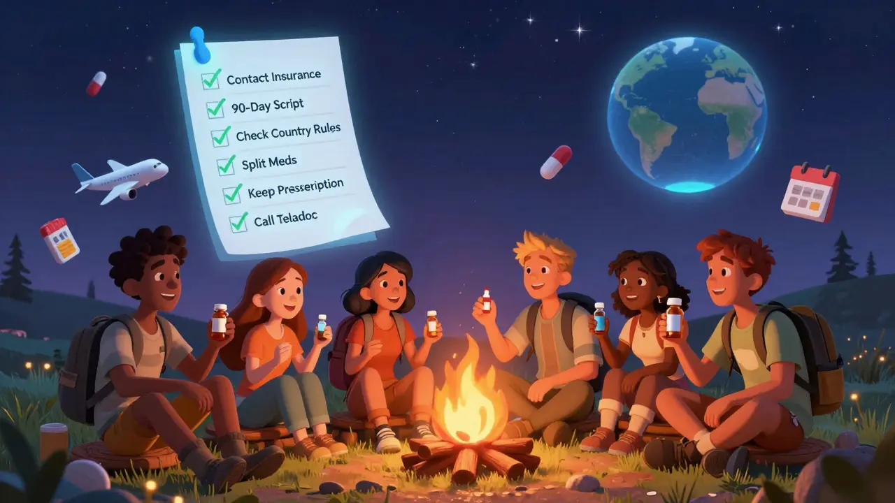 En gruppe reisende sitter rundt en bål og deler medisiner, med en flytende sjekkliste over reiseplanlegging.