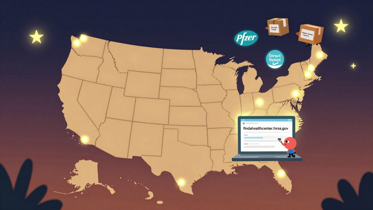 En kartvisning av gratis klinikker i USA med legemiddel-doneringer som flyr som fugler.