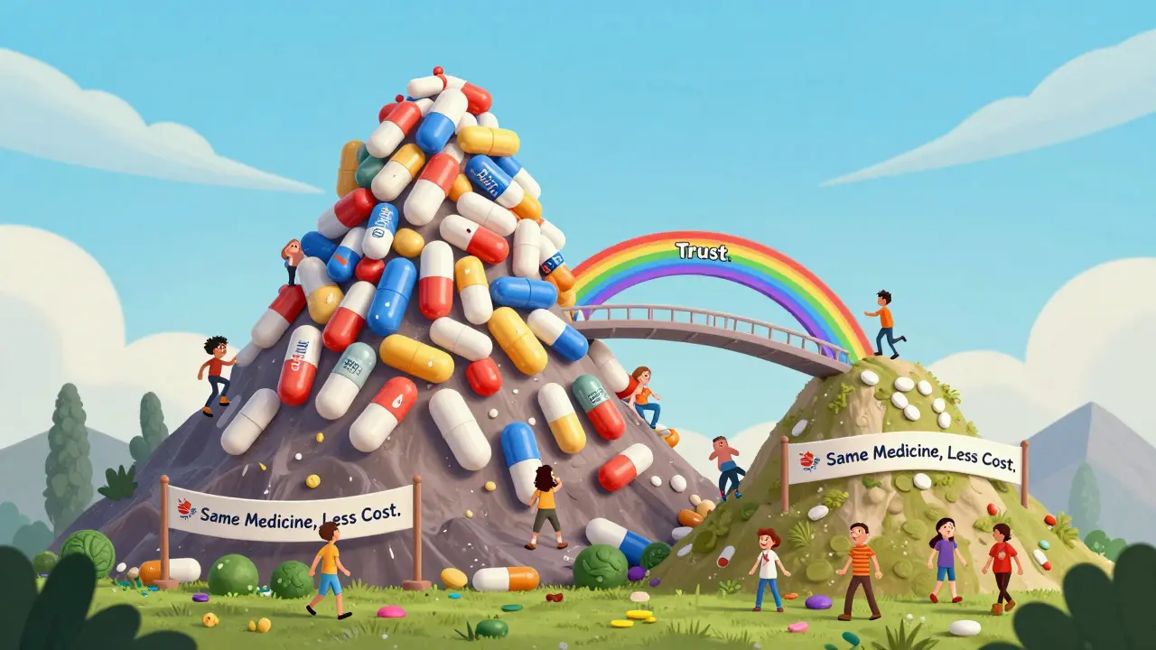 En landskapsscene med høye piller mot en lavere, enklere hylle, med en regnbue som forbinder dem.