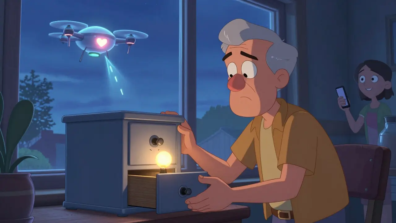 En låst pilledispenser åpner automatisk mens en drone sender en melding til en datter.