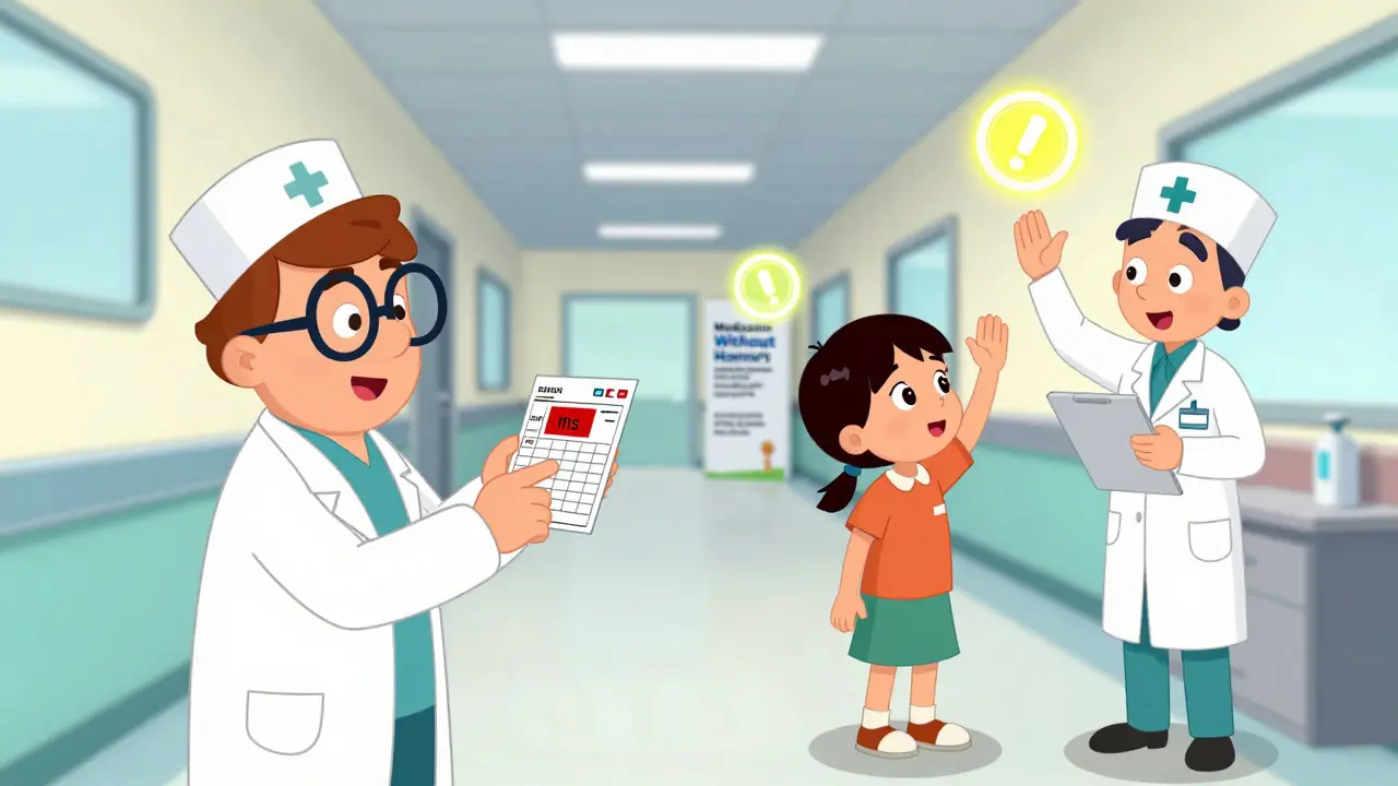 En lege og farmasøyt kontrollerer en barnedose mens et elektronisk system blokkerer en farlig forkortelse.