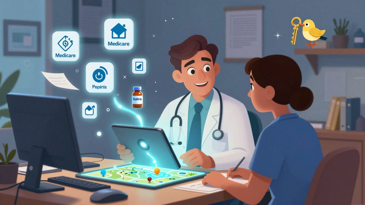 En lege og pasientnavigatør bruker en tablet for å finne hjelp til en dyr medisin med illustrerte veier og støttekilder.