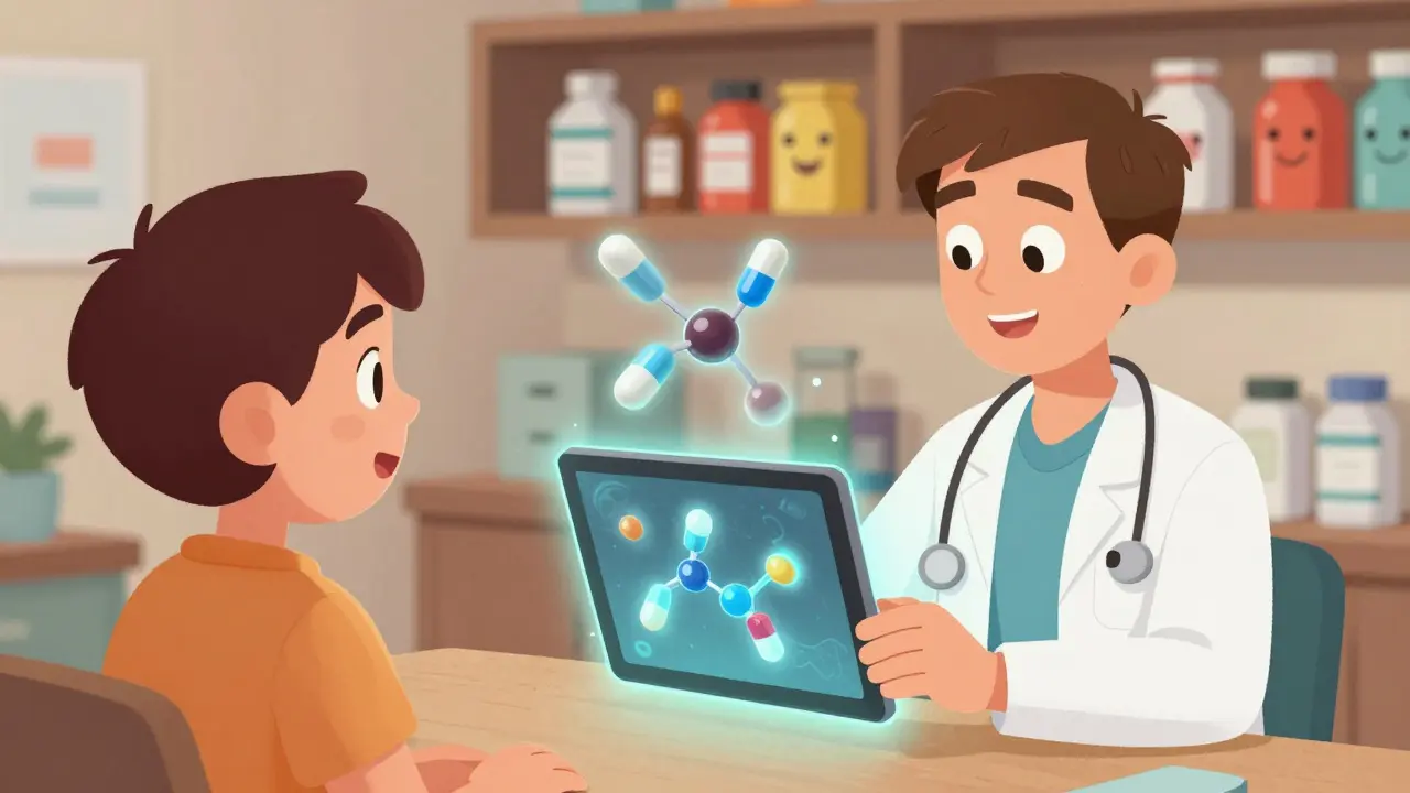 En lege viser en pasient en AR-animasjon som viser at generiske og merkevarepiller har identiske molekyler.