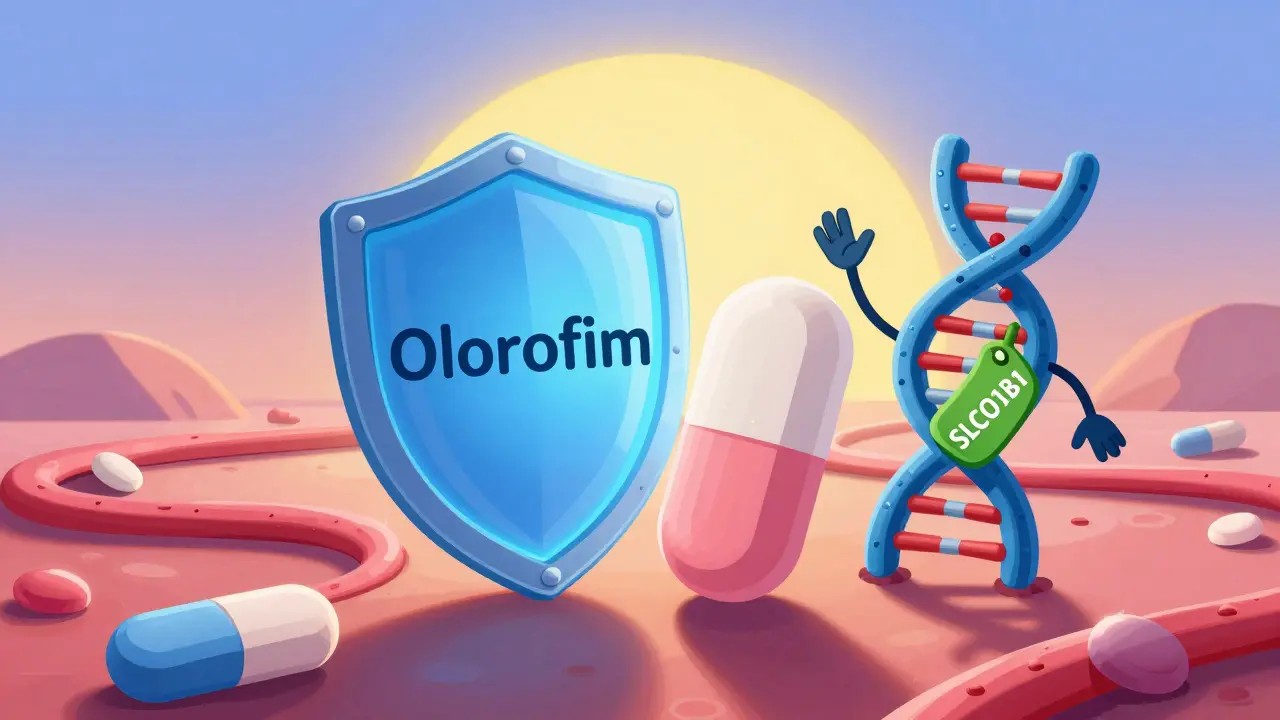 En ny antikovmid-pille beskytter en statin-pille mens en godmodig DNA-tråd smilet i soloppgang.