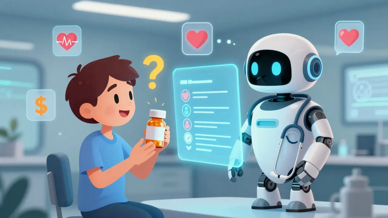 En pasient forstår terapeutisk bytte gjennom en vennlig AI som viser personlig behandling.