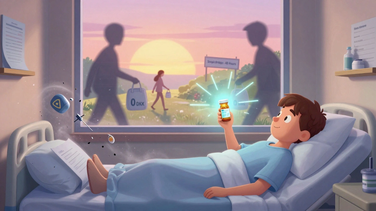 En pasient i sjukehus sittende med en lyse piller som gjør at urettferdige systemer forsvinner i soloppgang.