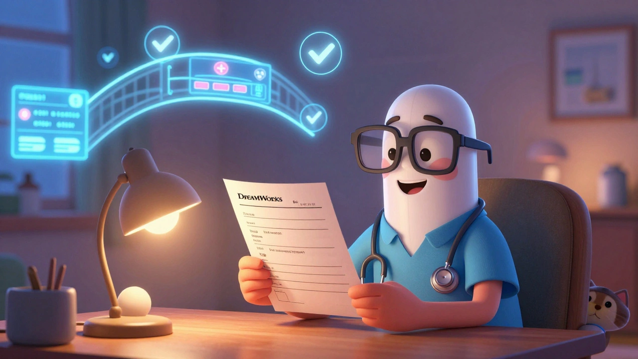 En pasient leser en skrevet legemiddelliste hjemme, mens en hyggelig, animert pille godkjenner dem sammen med en digital kobling til sykehus og apotek.