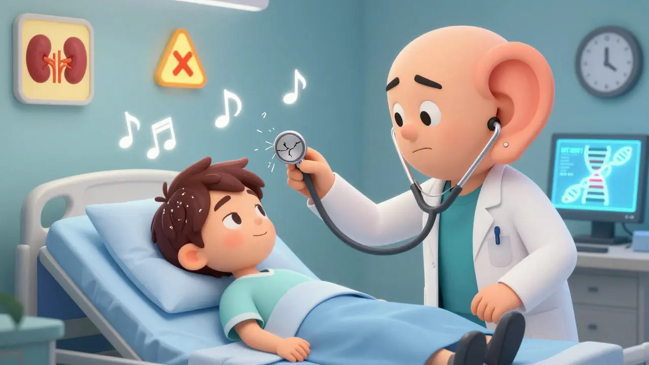 En pasient med et stort hørselstestutstyr over hodet, mens lydnoter forsvinner og en genetisk markør lyser opp.