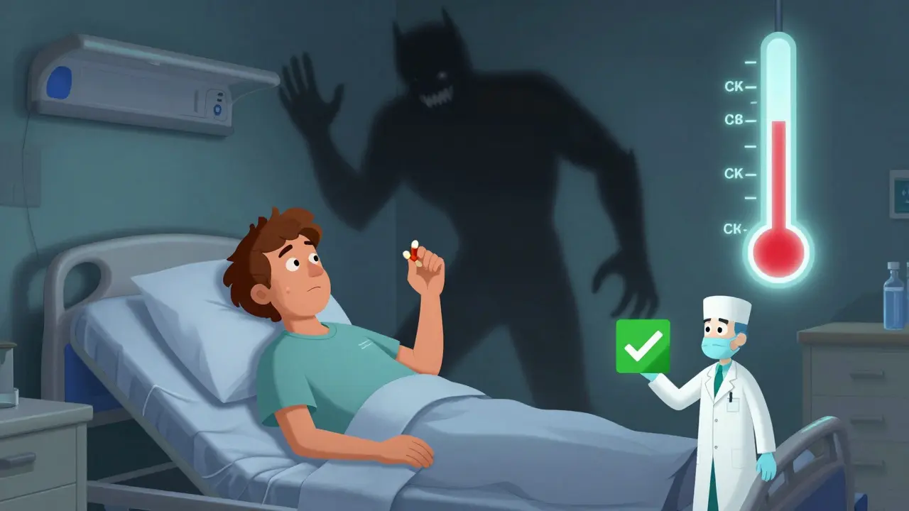 En pasient med transplantasjon ser på farlige legemidler mens en skugge av et enzym truer dem.