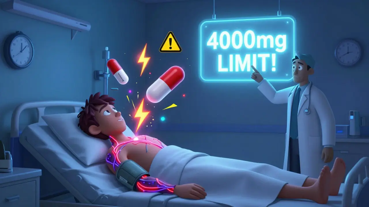 En pasient på sykehus sittende med puls og høy blodtrykk fra farlige medikamentkombinasjoner.