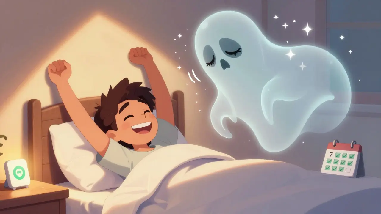 En person våkner frisk og glad, mens en trøtt versjon av seg selv forsvinner.