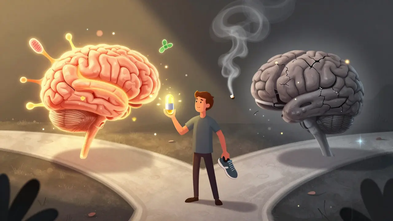 En person ved en kryssvei mellom helse og degenerasjon, holdende vitamin D og en løpesko.