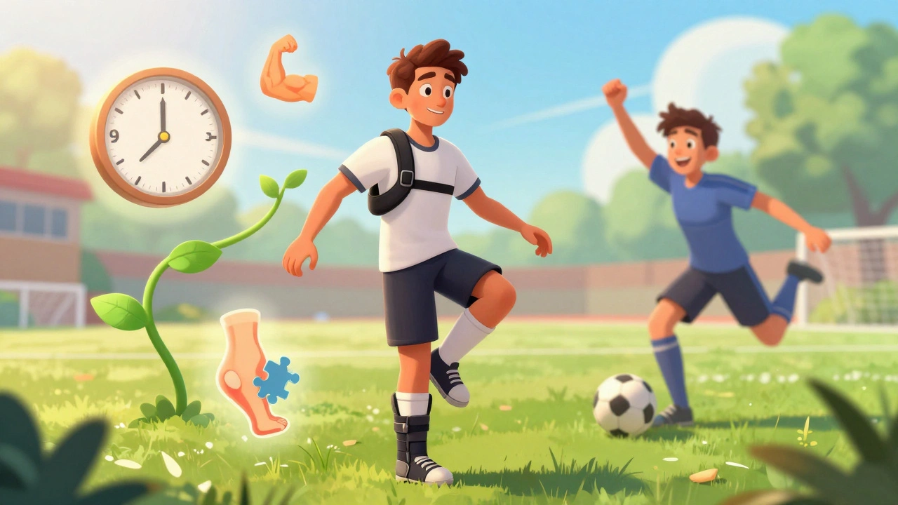 En rehabiliteringsscene med en person som balanserer på ett bein, mens fremskritt vises som ikoner rundt dem.