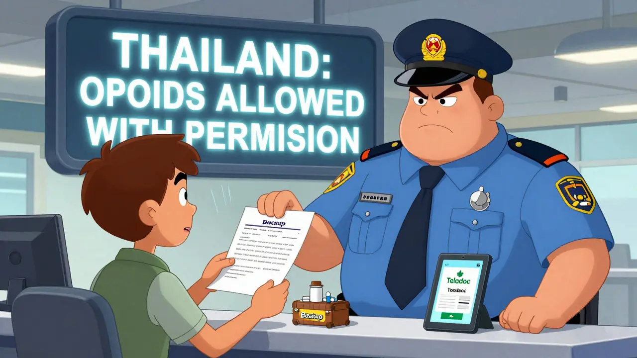 En reisende viser en resept og legebrev til en tollmann i et utlandsk flyplasskontor.