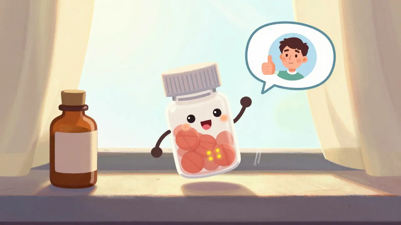 En smart pilleflaske med ansikt sender en varsel til en familie med et hjerte.