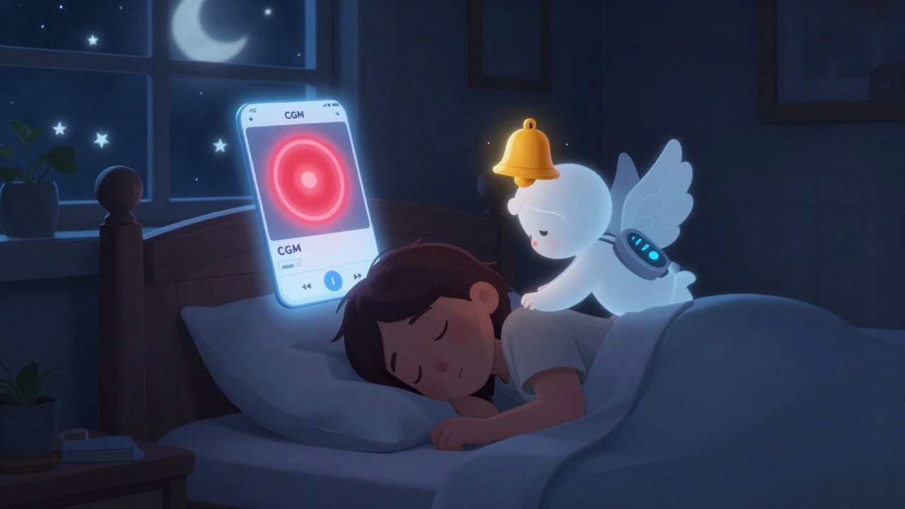 En sovende person blir vekket av en vennlig engel med en CGM-sensor som viser en varsling over sengen i natten.