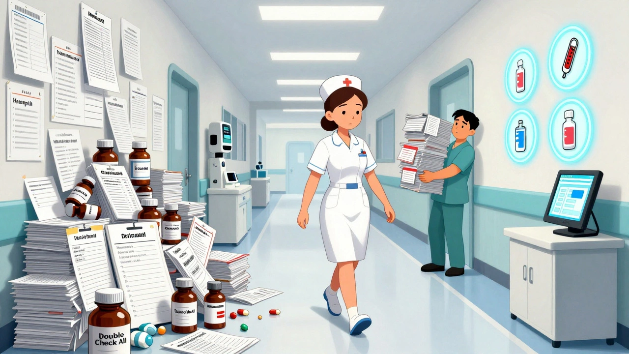 En sykepleier velger en trygg, teknologistøttet vei mot pasientsikkerhet.