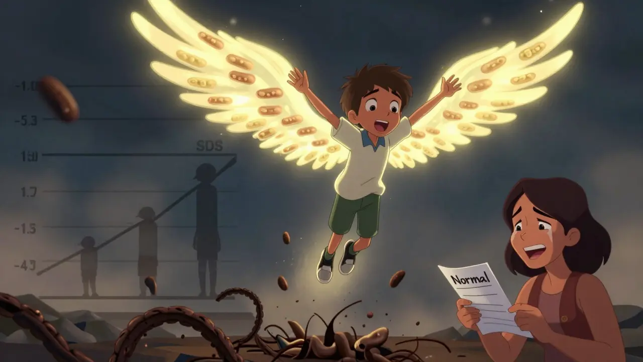 En tenåring hopper i luften mens helbredende tarmhår som vinger stråler bak ham, og glutenkjeder knuser.