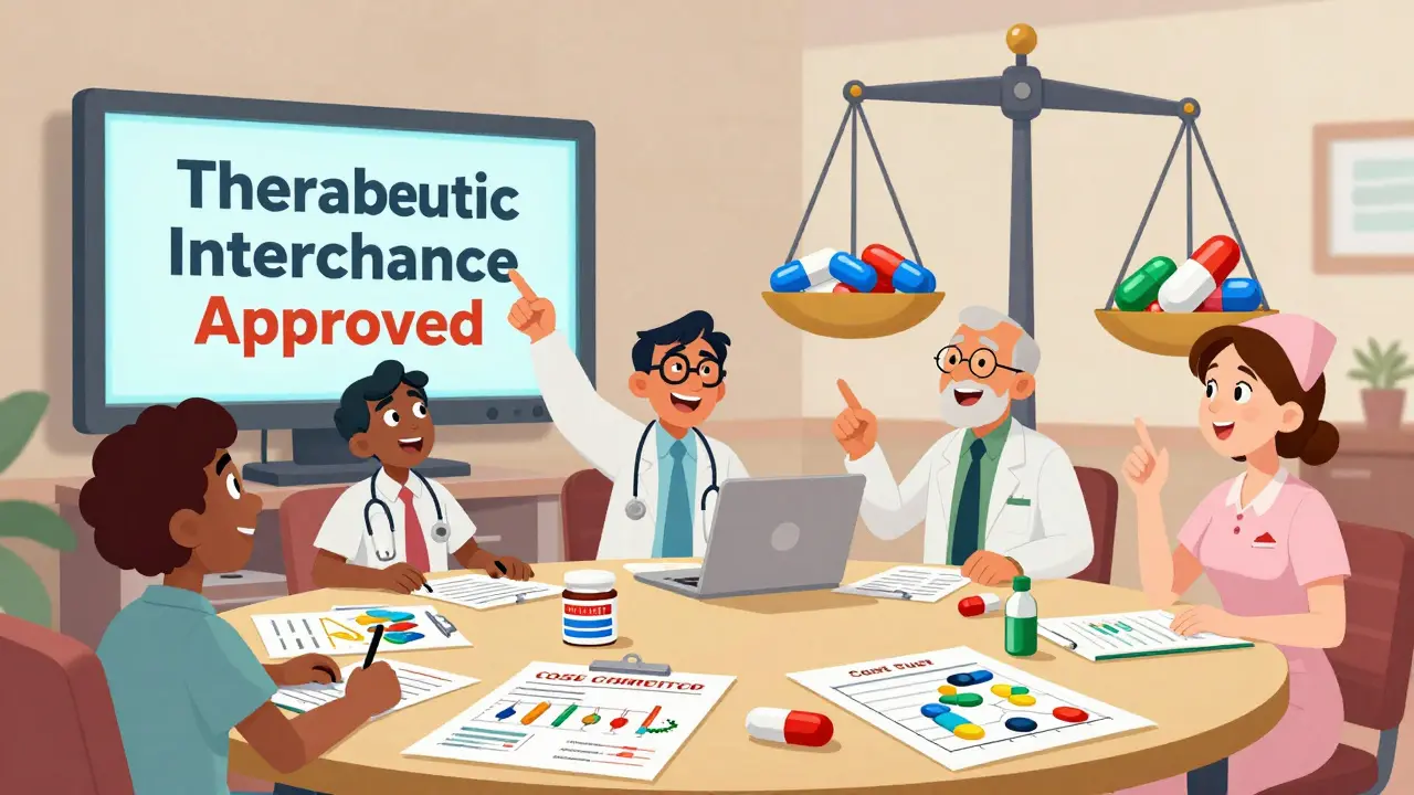 Et helseteam diskuterer og godkjenner terapeutisk bytte ved et bord fylt med medisiner og data.