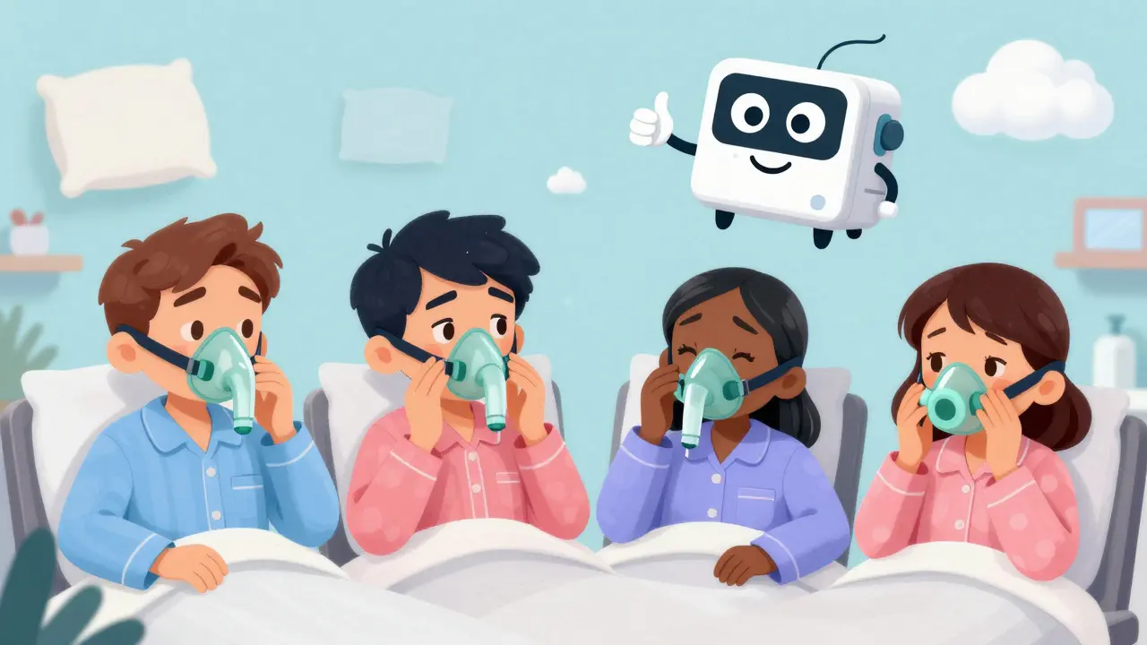 Fire personer prøver ulike CPAP-masker i et morsomt sovnlaboratorium.