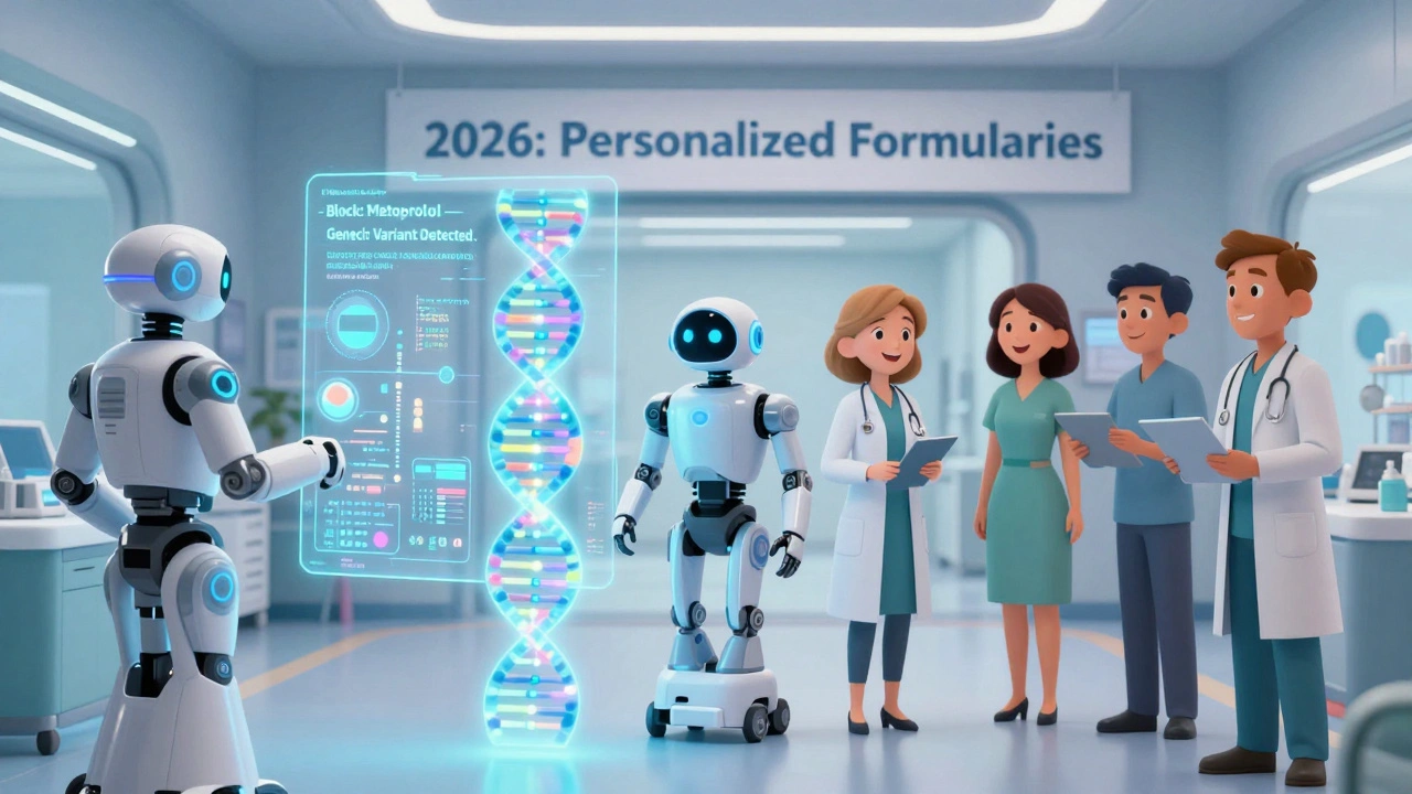 Fremtidig sykehus med AI som viser genetiske data og blokkerer legemidler basert på pasientens DNA.
