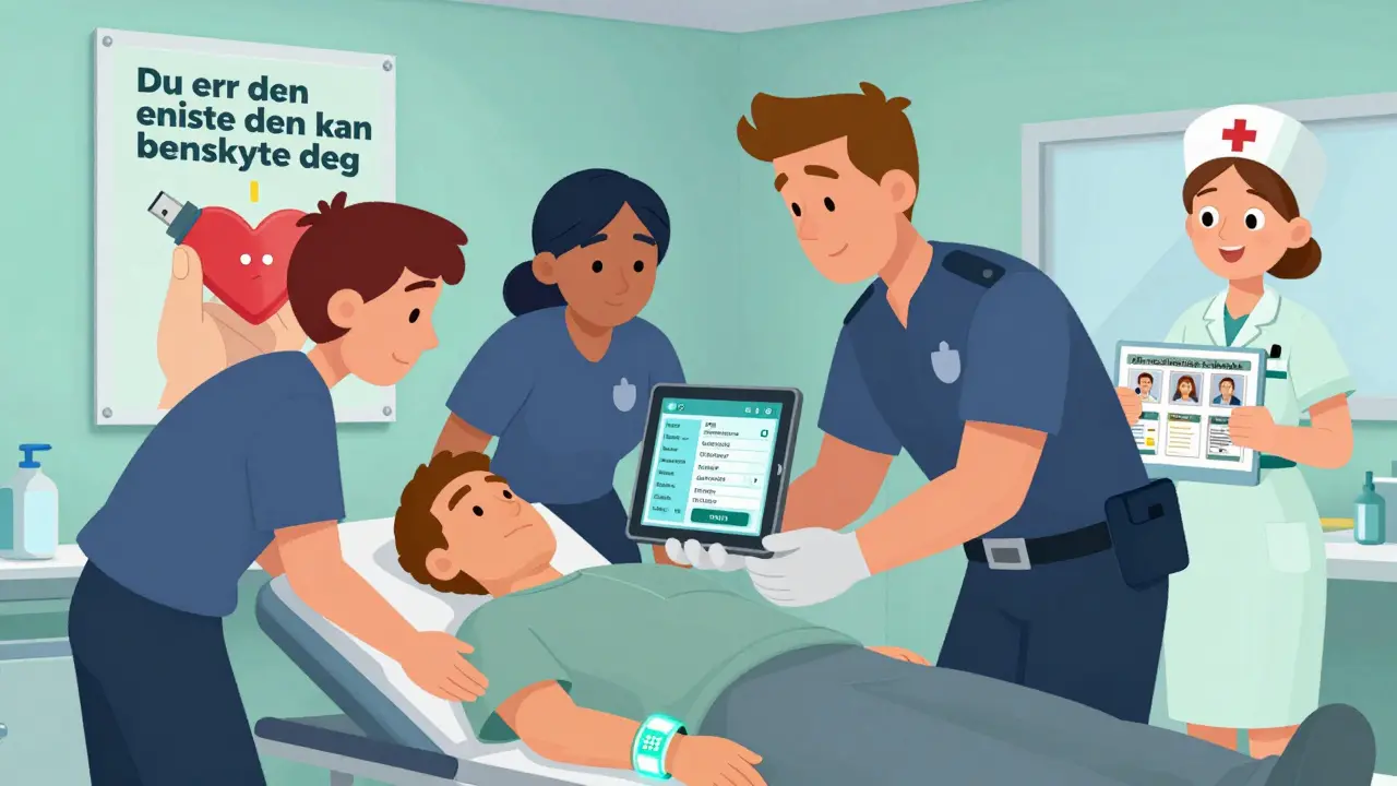 Helsepersonell viser en pasient sin medisinske sikkerhetsprofil i en nødsituasjon.