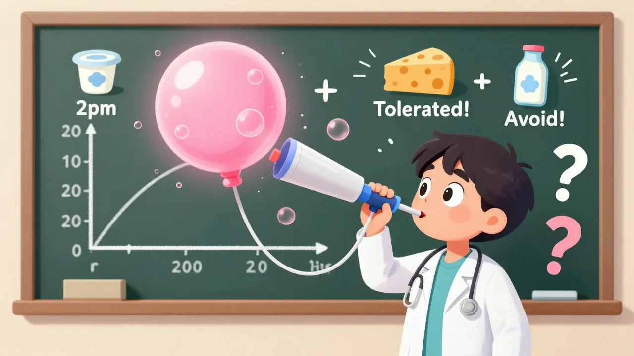 Lege holder en hydrogenpustetestballong mens pasienten blåser i en rør med eksaggarerte uttrykk.