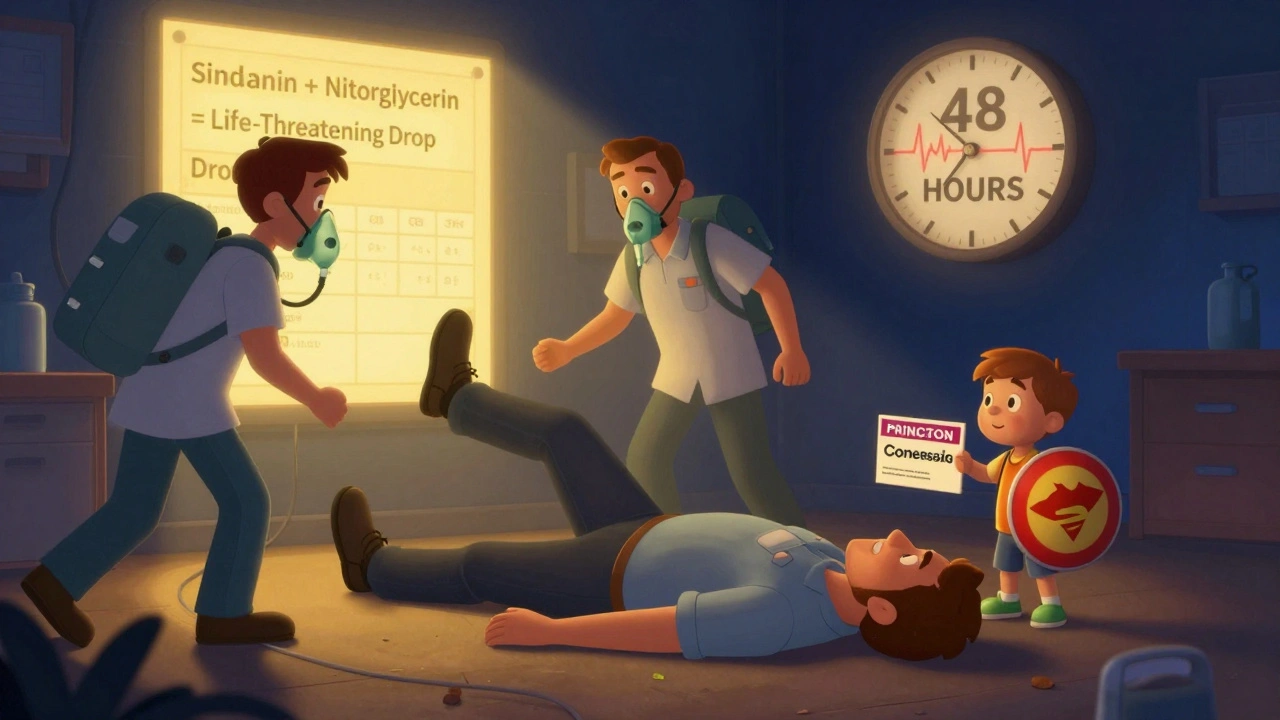 Mann ligger med beina opp, hjelpesøkende i gang, med en medisinsk advarsel i bakgrunnen.