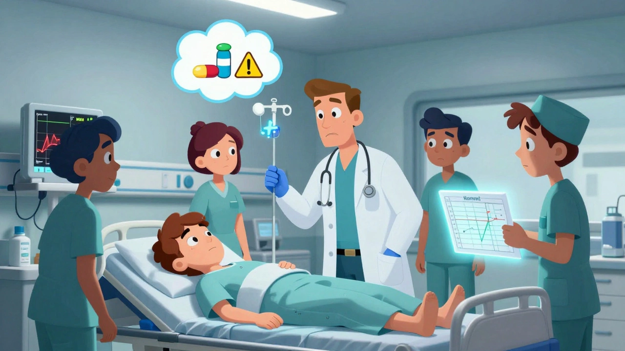 Medisinsk team i akuttmottak behandler en pasient med flere legemidler i overdosering.