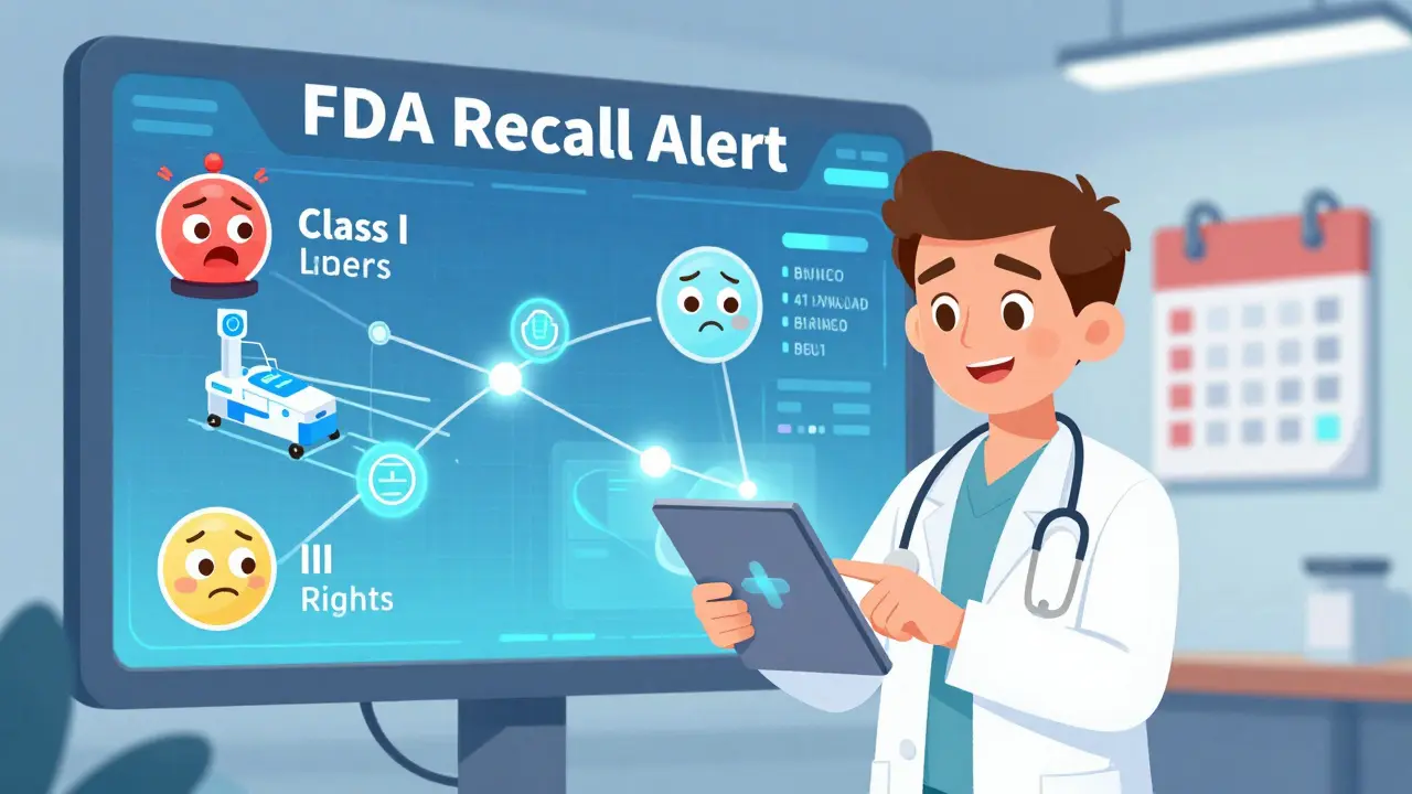 Pasient sjekker tilbakekall på en digital skjerm med visuelle varslinger for ulike risikoklasser.