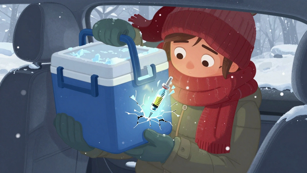 Person bærer medisinkoffert i jakke i vinterkaldt vær, snøfaller rundt.