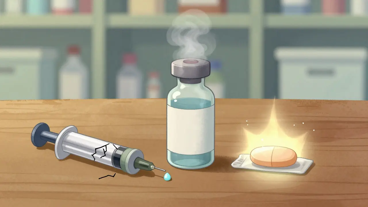 Tre medisiner viser ulike grad av degradering: insulin, væske og tablett med visuelle tegn.