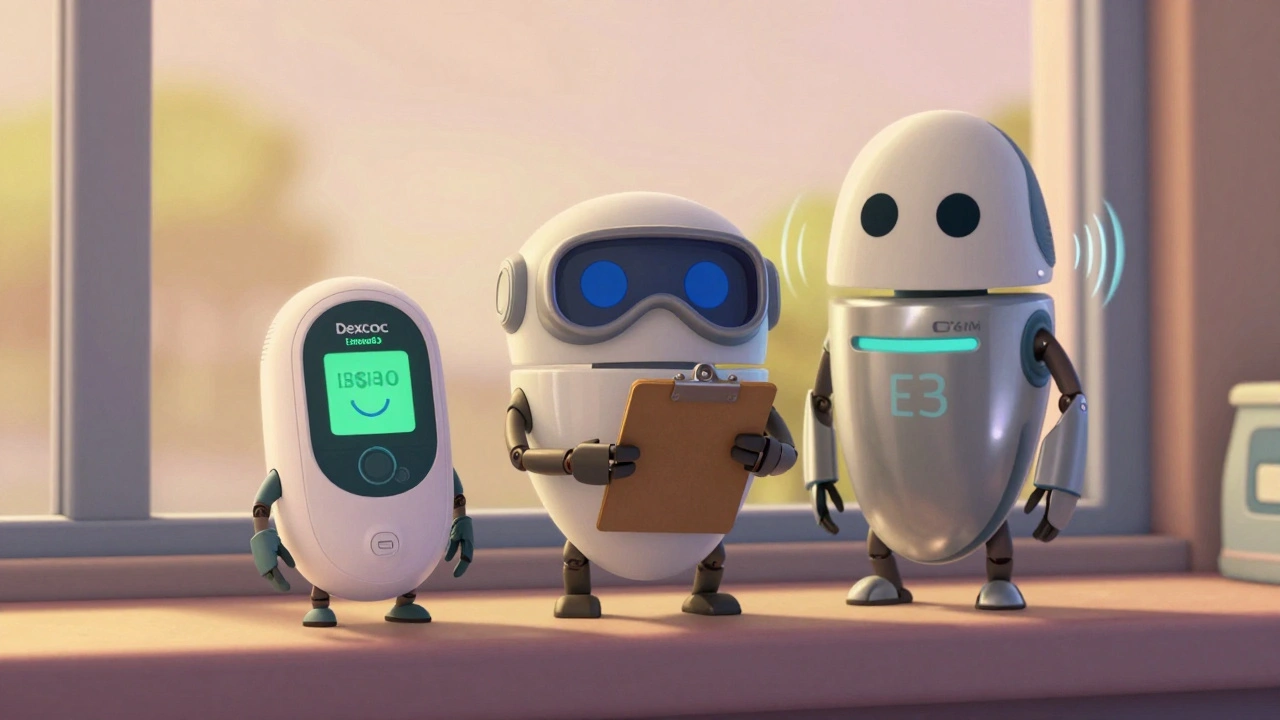 Tre vennlige, personifiserte CGM-enheter står side om side på et vinduesbrett, hver med unike trekk og utforming.