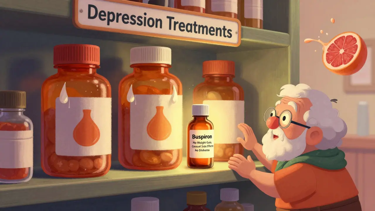Apotekhylle med tunge antipsykotika mot en liten, lys buspironflaske, med grapefruktjuice som fjerner seg i bakgrunnen.