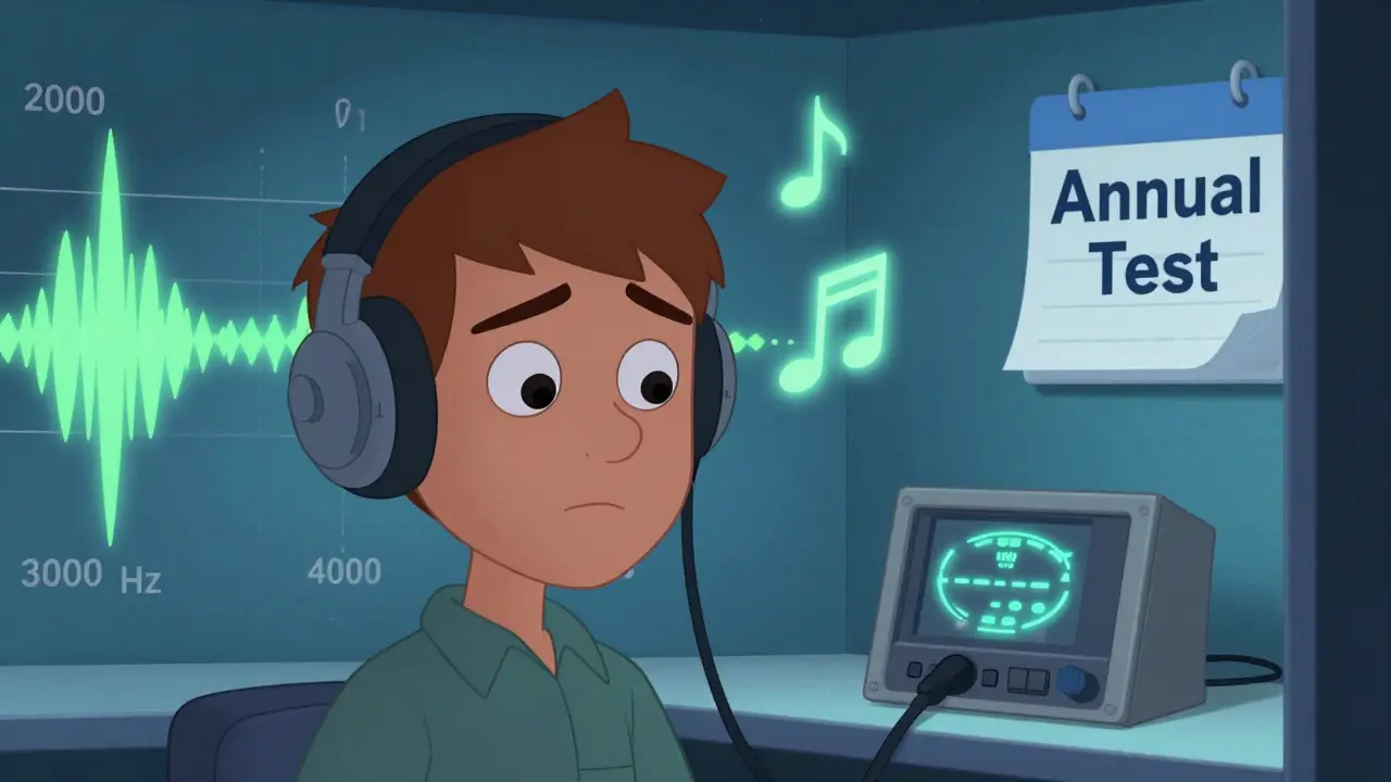 Arbeidstaker i lydtett rom under hørselstest med lydbølger.