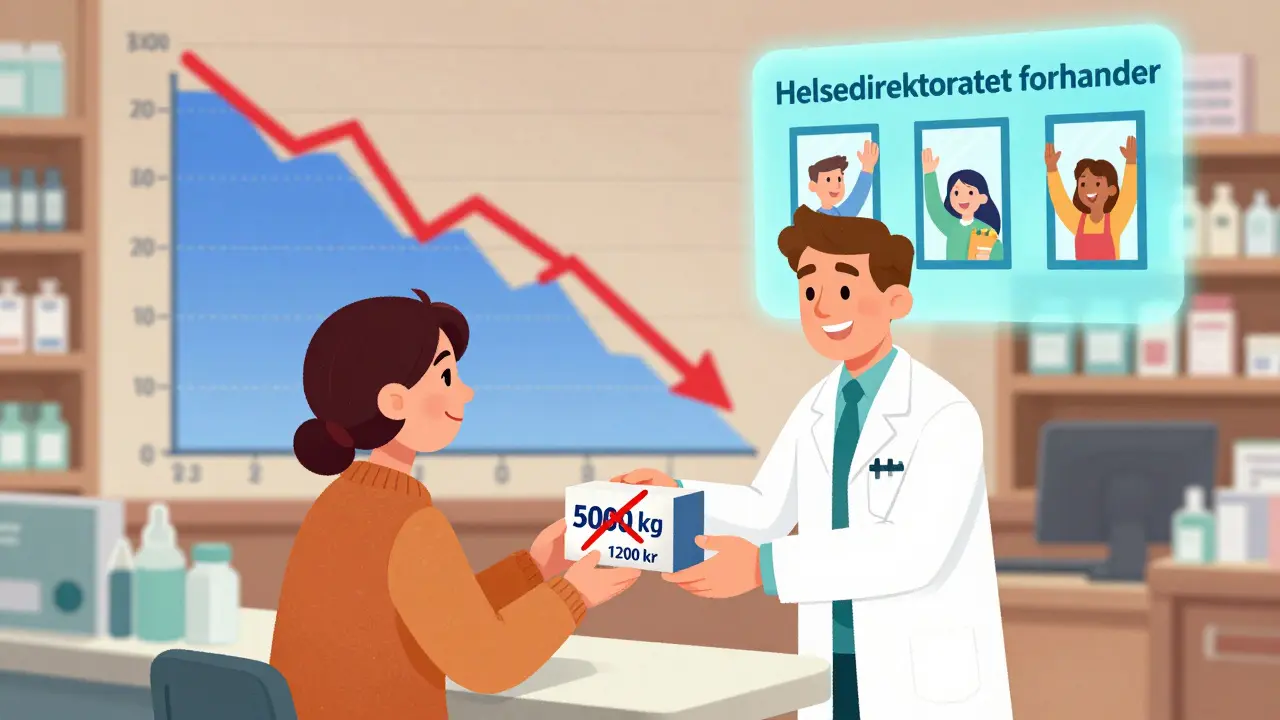 En apotekar gir en pasient en medisin med redusert pris i en levende, animert apotekscenarie.