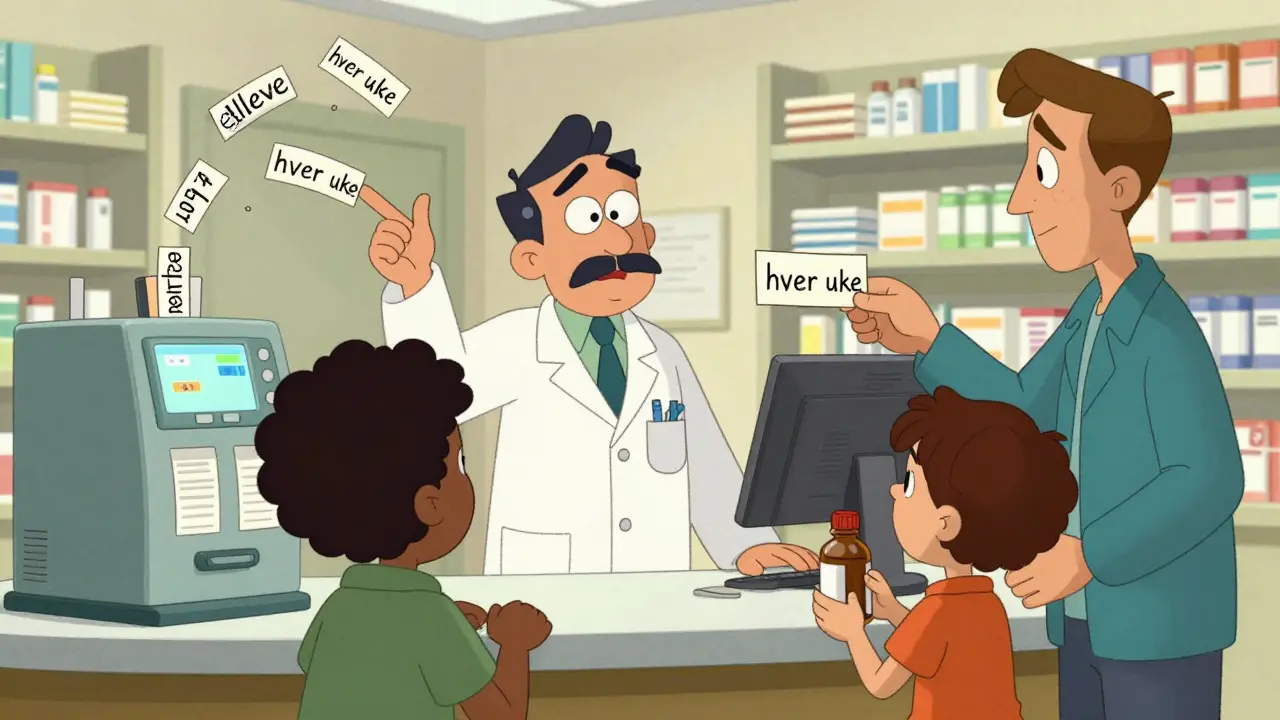 En apotekrekke med maskinoversatt feil, en apotekar som ignorerer pasienten, og en tolk som hjelper.