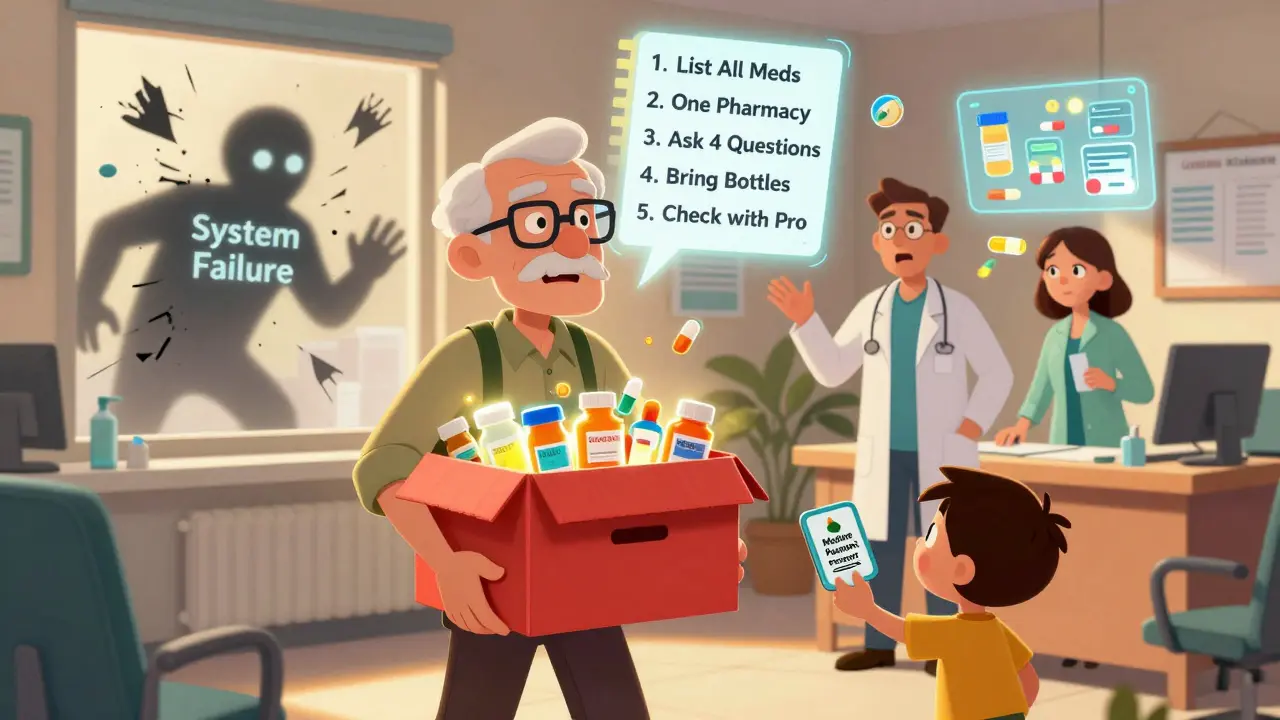 En eldre mann bærer en kasse med alle medisinene sine inn til legen, mens hologrammer viser interaksjoner.