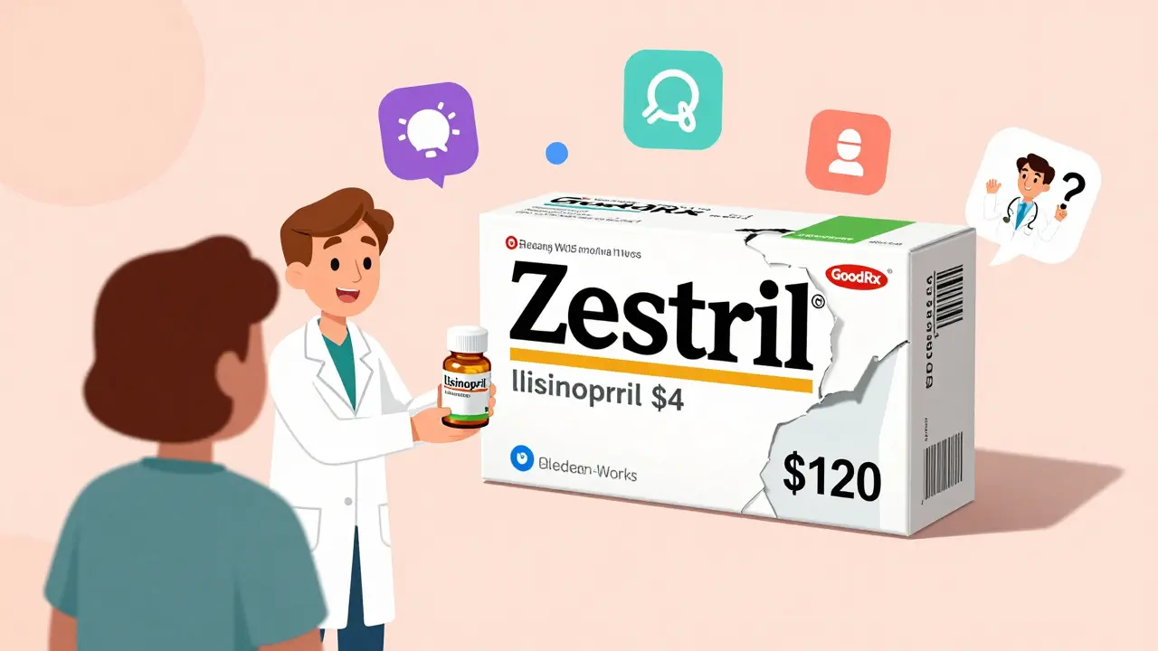 En farmasøyt gir en pasient en billig generisk tablett ved siden av et stort, ødelagt merkevarekartong.