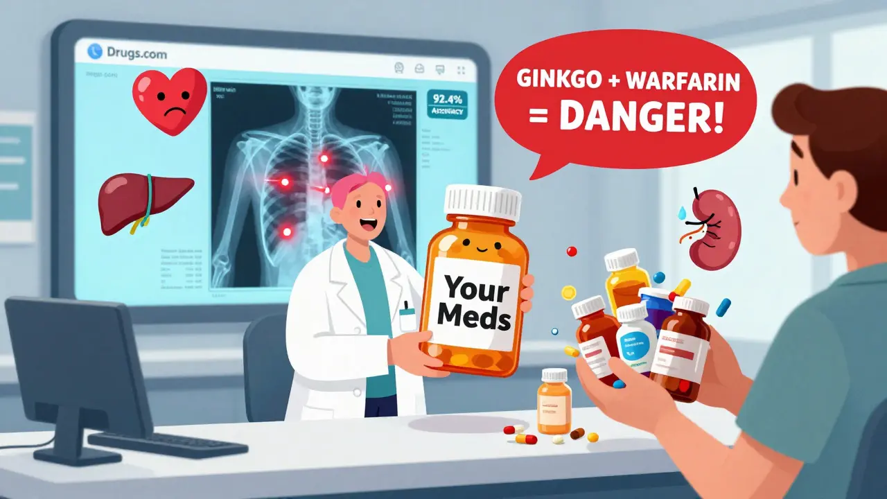 En farmasøyt viser en pasient hvordan medisiner, urter og mat kan kollidere i kroppen.