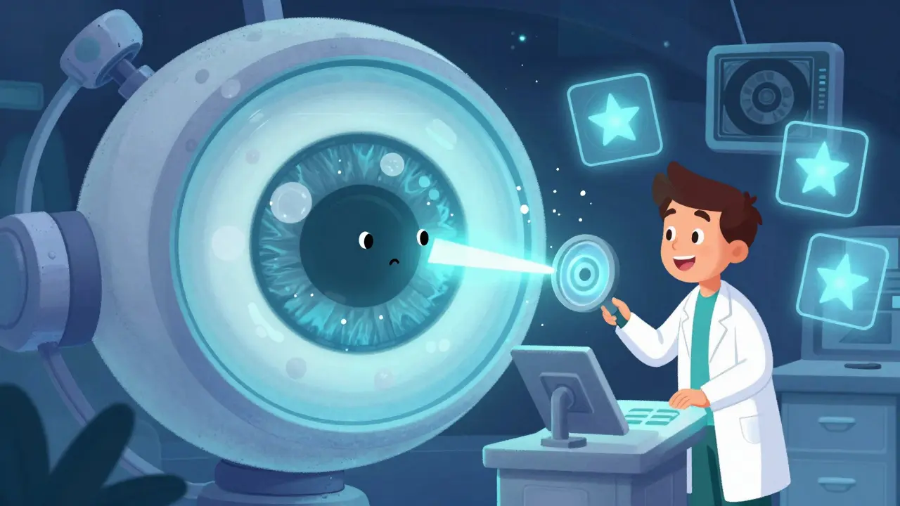 En laser bryter opp flytende partikler i øyet, med en lege som overvåker prosedyren.